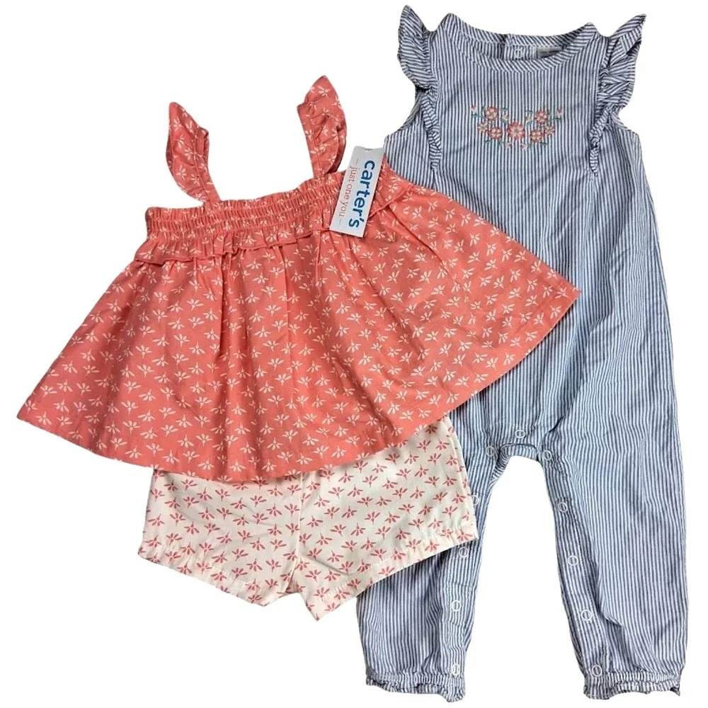 Carter's Baby Girl 12 Mos Outfit Lot Longall Shorts Tank Set Coral Pink Blue
